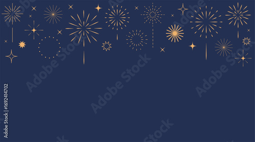 Gold fireworks border. 2026 New year celebration. Firework confetti starburst. Festive line art