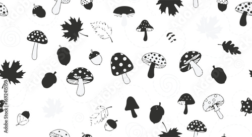 Whimsical forest pattern with monochrome leaves mushrooms and acorns for unique designs