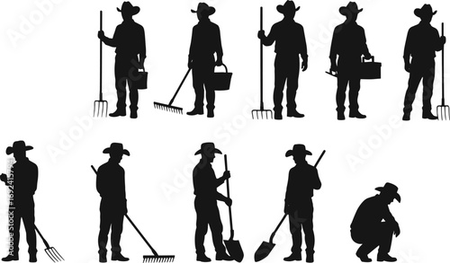 Silhouette set of farmers and ranchers holding garden tools, buckets, shovels, rakes, hats, outdoor rural workers vector illustration