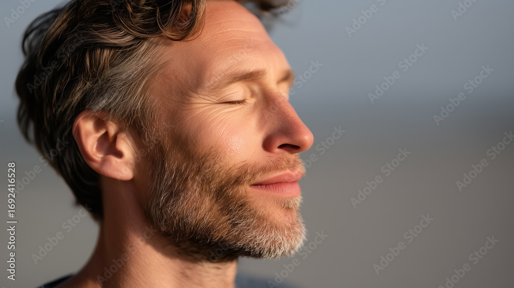 Fototapeta premium Peaceful portrait of man enjoying calm breathing moment