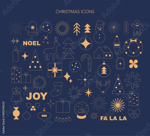 Christmas and New year line icons. Luxury elegant minimal christmas golden outline icons