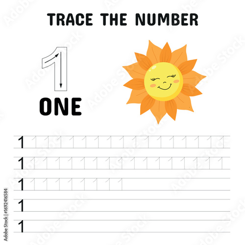 Number 1 Tracing Worksheet with Cute Autumn Sun for Kids Learning Numbers