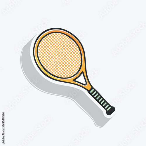 Illustration of a tennis racket with a yellow frame and black handle, isolated on white.