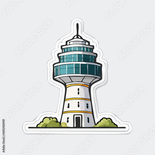 Illustration of a modern observation tower with multiple levels and a glass viewing area.