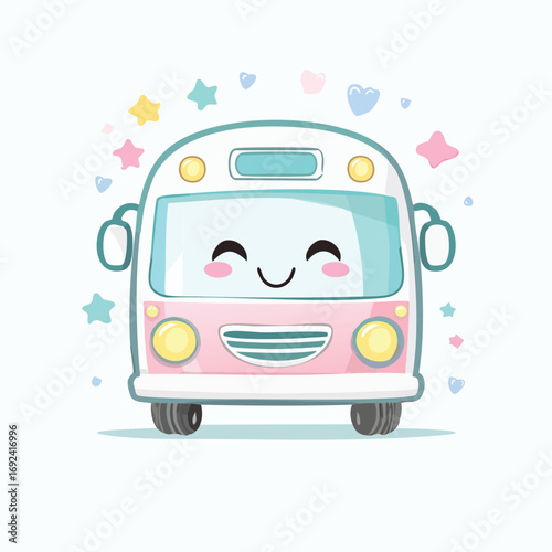 Cute cartoon school bus with a happy face, surrounded by stars and hearts, in pastel colors.