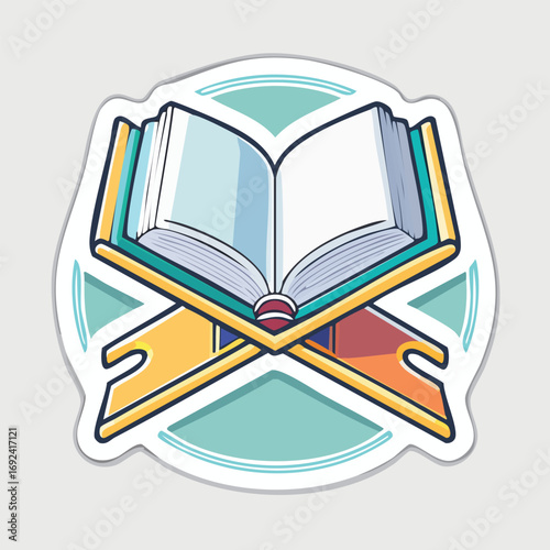 An open book on a stand, with a teal and yellow color scheme, representing religious text.