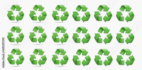 A grid of multiple shiny green 3D recycling symbols on a transparent background, representing environmental sustainability and circular economy concepts.
