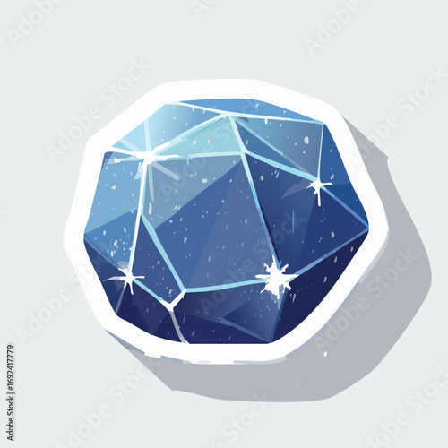 Illustration of a sparkling blue gemstone with a white outline and a subtle shadow, isolated.