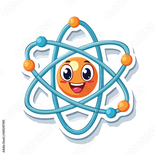 Cartoon illustration of an atom with a smiling face, representing science and energy.
