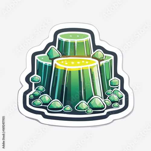 Illustration of a stylized green and yellow volcanic landscape with rocks and a dark outline.