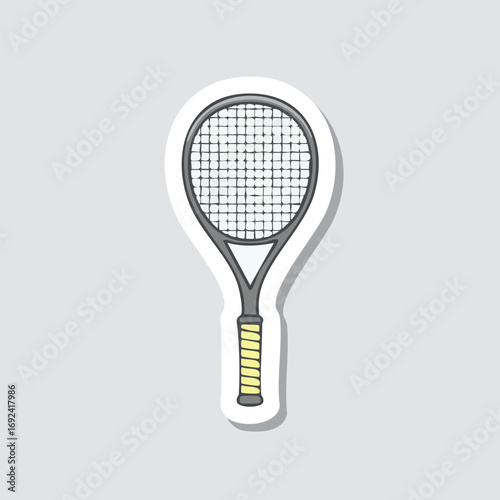 A cartoon illustration of a tennis racket with a yellow grip and a white background.