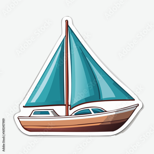 Illustration of a sailboat with a blue sail and a wooden hull, isolated on white.