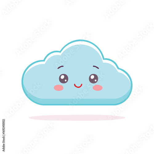 A cute, smiling cartoon cloud with a light blue color and pink cheeks, floating.