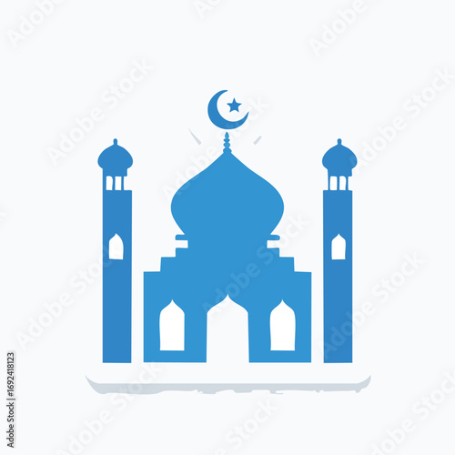 Blue silhouette of a mosque with a crescent moon and star on top, with two minarets.
