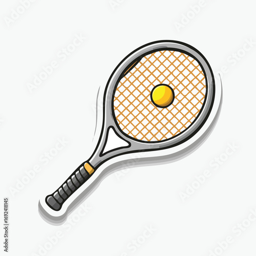 Cartoon illustration of a tennis racket with a yellow ball, isolated on white.