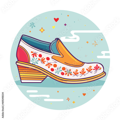 Illustration of a stylish, colorful shoe with floral patterns, set against a light blue background.