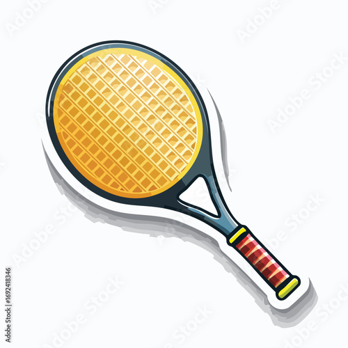 Illustration of a tennis racket with a yellow net and a black handle, isolated on white.