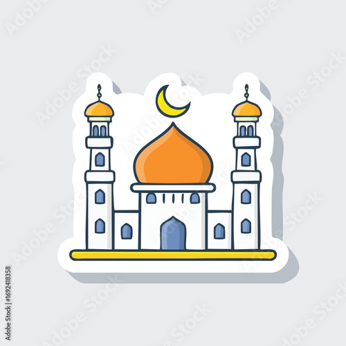 A colorful illustration of a mosque with two minarets and a crescent moon on top.