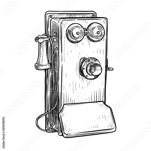 old antique wood wall telephone vector line art hand drawn illustration