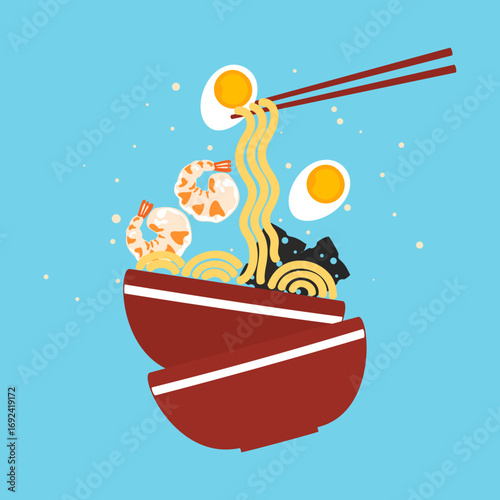 Ramen noodle bowls with egg and toppings. Flat vector illustration of ramen bowls with noodles, boiled egg, vegetables, and chopsticks, Japanese food design, restaurant menu, Asian cuisine graphics.