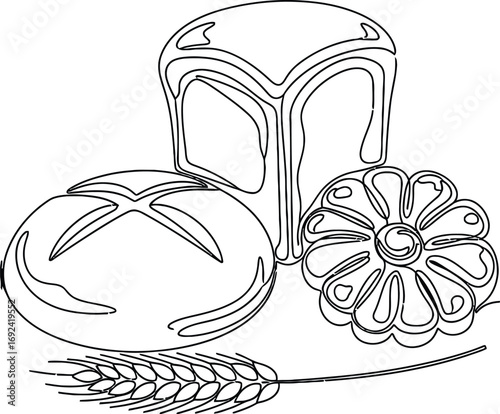 Artistic line drawing of fresh bread and wheat stalk, symbolizing baking and natural ingredients.
