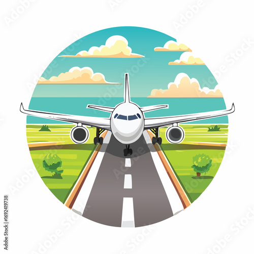 Front view of a white airplane on a runway, ready for takeoff, with a blue sky.