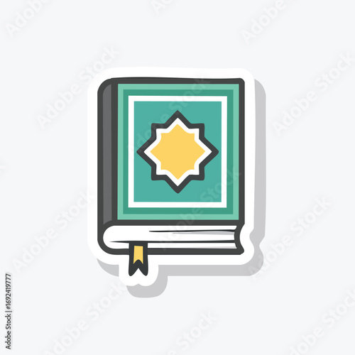 An illustrated sticker of a closed book with a teal cover and a yellow star design.