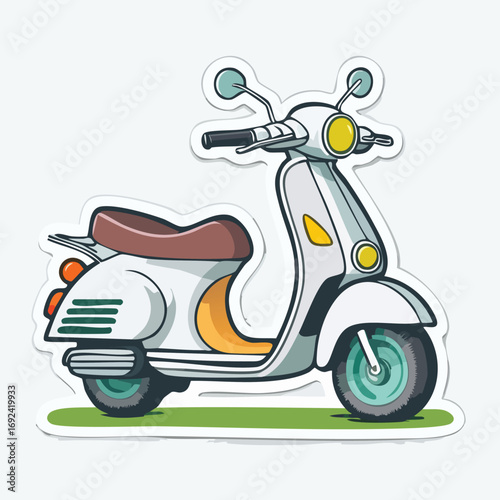 A detailed illustration of a classic white scooter with a brown seat, perfect for transportation.