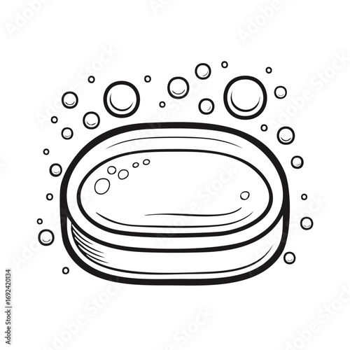 Black and white illustration of a bar of soap with bubbles around it.