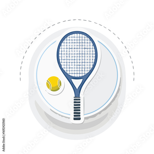 Illustration of a tennis racket and ball, set against a white background, with a circular design.