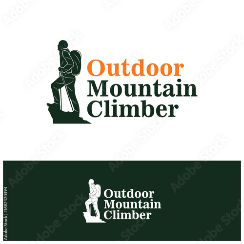 Mountain climber hiker silhouette, Hiker mountain climber adventure logo design vector template
