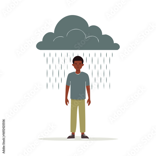 A business man holds a large umbrella as he walks through a sky with a fluffy cloud