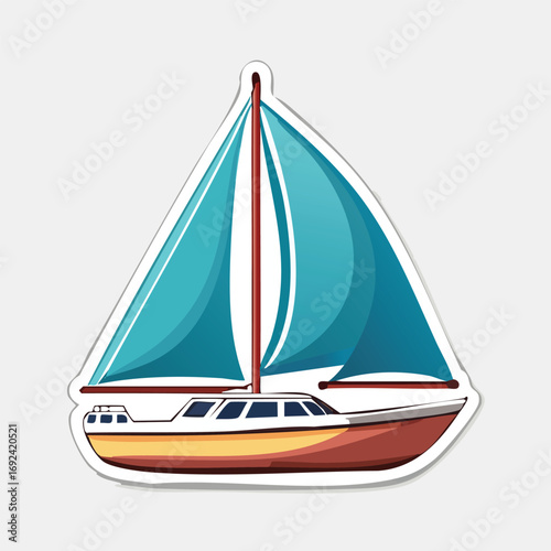 Illustration of a sailboat with a blue sail and a brown mast, on a white background.