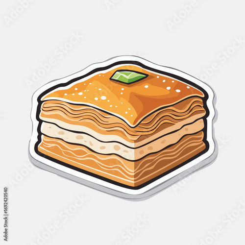 A detailed illustration of a delicious, layered baklava pastry with a green garnish.