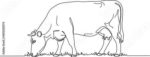 Minimalist line drawing of a cow grazing peacefully in a grassy field, evoking a sense of rural simplicity.