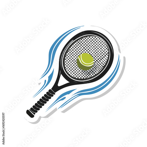Illustration of a tennis racket with a ball inside, surrounded by blue motion lines, on a white background.