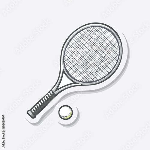 Illustration of a tennis racket and ball, depicted with a detailed, artistic, and grayscale design.