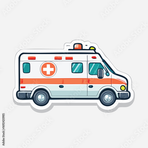 Cartoon illustration of a white ambulance with orange stripes and a red cross on the side.