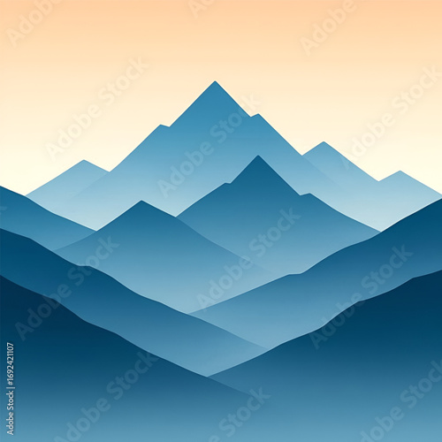 Minimal Mountainscape with Blue and White Layered Peaks and Simple Pale Sky