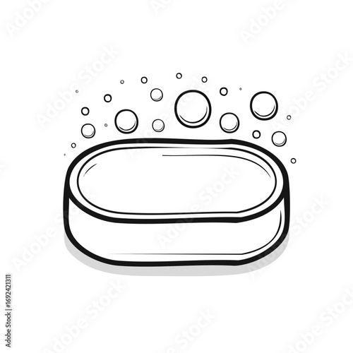 Black and white illustration of a bar of soap with bubbles floating around it.