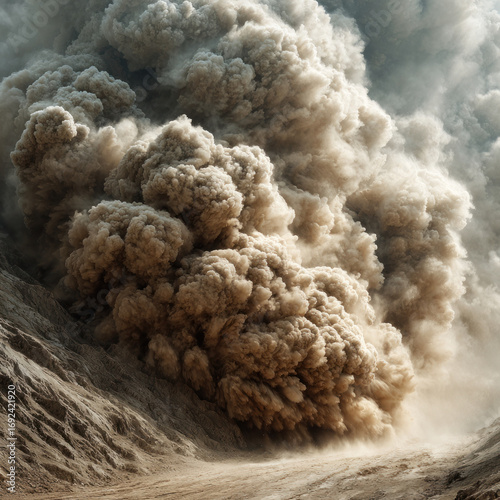 A fierce dust storm sweeps over rugged terrain, swirling particles in a dramatic display of earthy colors