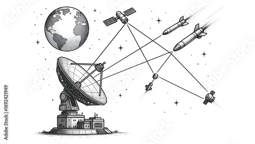 Futuristic Satellite Dish Station Tracking Missiles Connected to Defense Satellites on White Background
