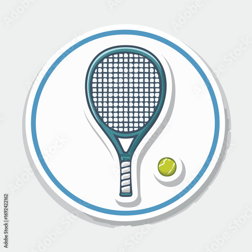 Cartoon illustration of a tennis racket and ball inside a white and blue circle.
