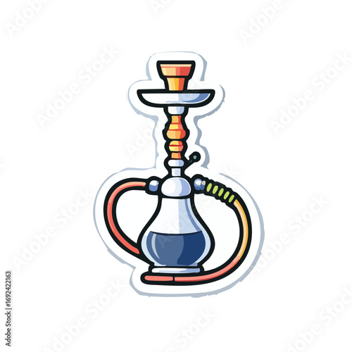 A detailed illustration of a hookah, featuring a glass base, hose, and bowl, with a white outline.