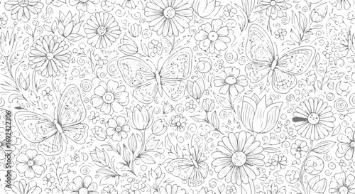Elegant seamless pattern featuring butterflies and floral elements ideal for backgrounds or