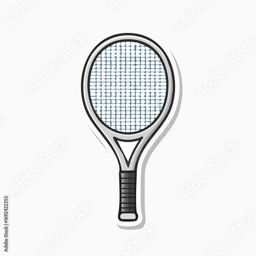 A detailed illustration of a tennis racket with a white frame and a black handle.
