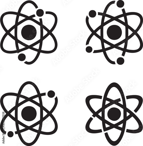 Atomic Structure Vector Icons Set – Black Atom Silhouettes with Electron Orbits in 2x2 Grid for Science and Physics Design  