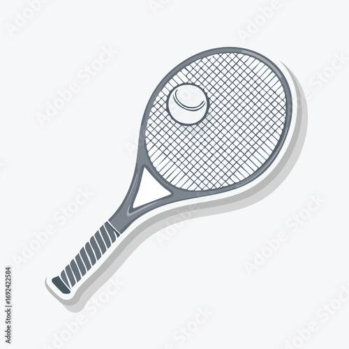 A detailed illustration of a tennis racket with a tennis ball, presented in a flat design style.