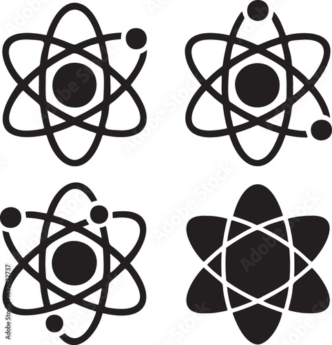 Atomic Structure Vector Icons Set – Black Atom Silhouettes with Electron Orbits in 2x2 Grid for Science and Physics Design  