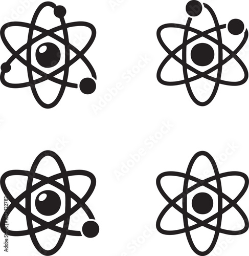 Atomic Structure Vector Icons Set – Black Atom Silhouettes with Electron Orbits in 2x2 Grid for Science and Physics Design  